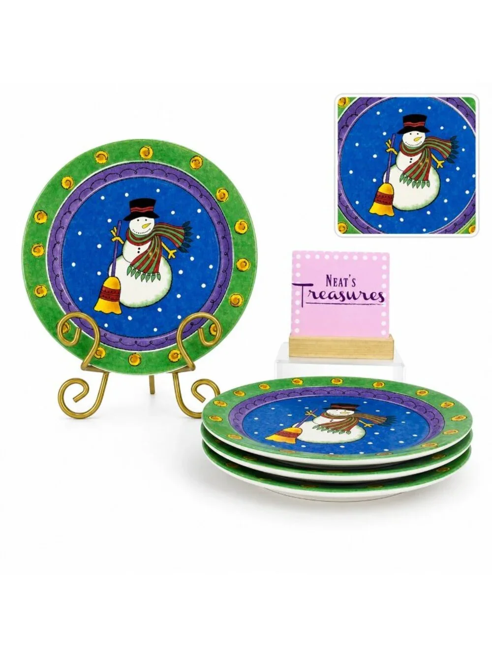 Sango Sue Zipkin SWEET SHOPPE CHRISTMAS Green Snowman Salad Lunch Plates Set 4